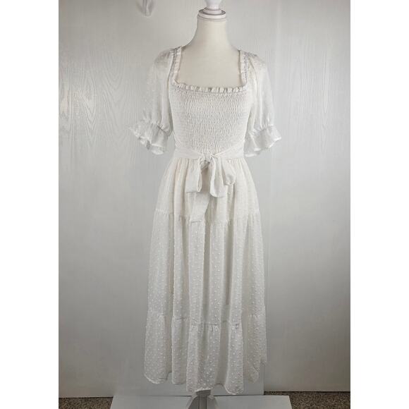 Merokeety Womens Small Smocked Dress Puff Dot Tie Front Sheer White Cottage Core - Picture 2 of 10